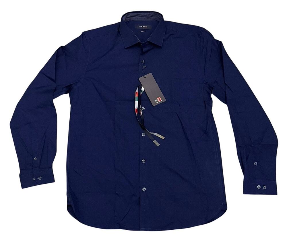 Peter England Men's Slim Fit Long Sleeve Button Front Dress Shirt Navy Blue NWT